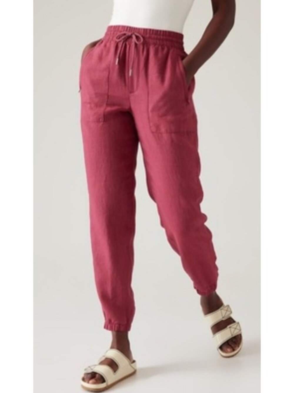 NEW Athleta Retreat Linen Pants Joggers Tapered Dark Pink 16 Pull-On Lightweight